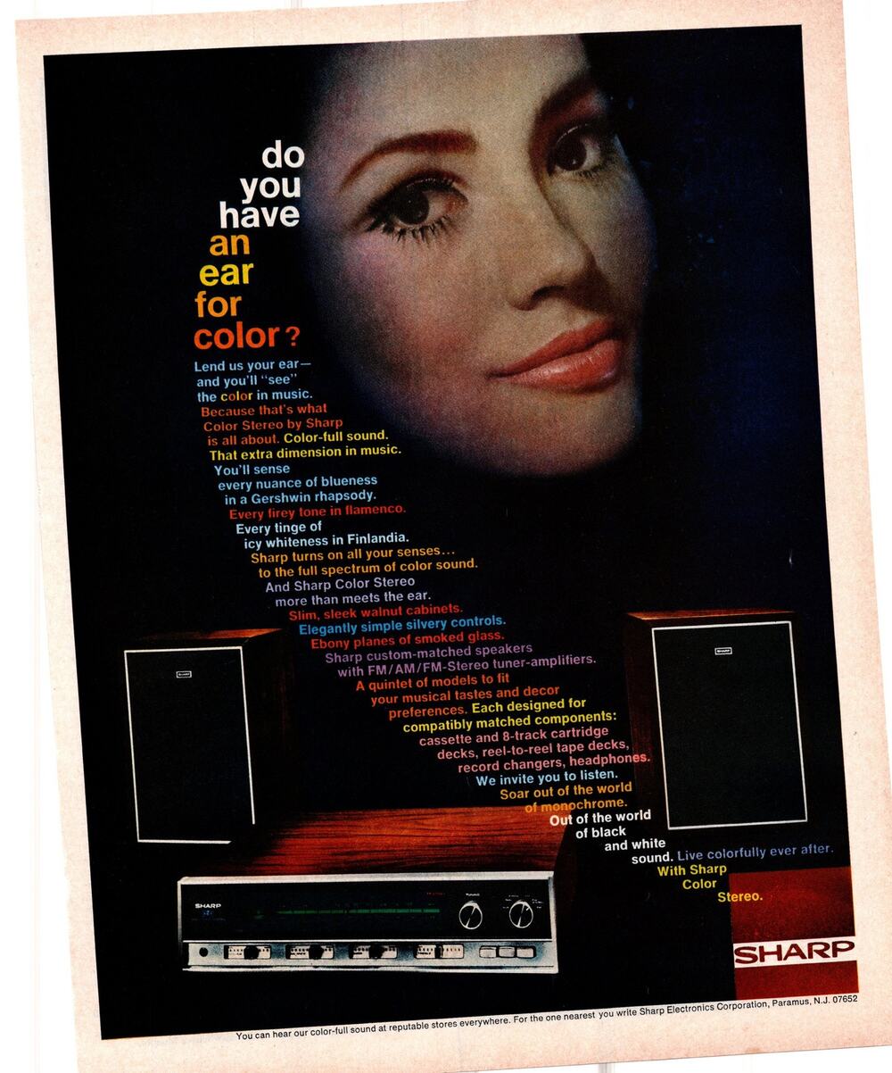 Sharp Color Stereo Advertisement 1960s Vintage Music Audio Speakers Tape 8 Track